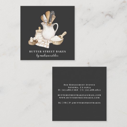 ベーカリーパティシシェフブラックスクエアビジネスカード スクエア名刺 (正面/裏面)