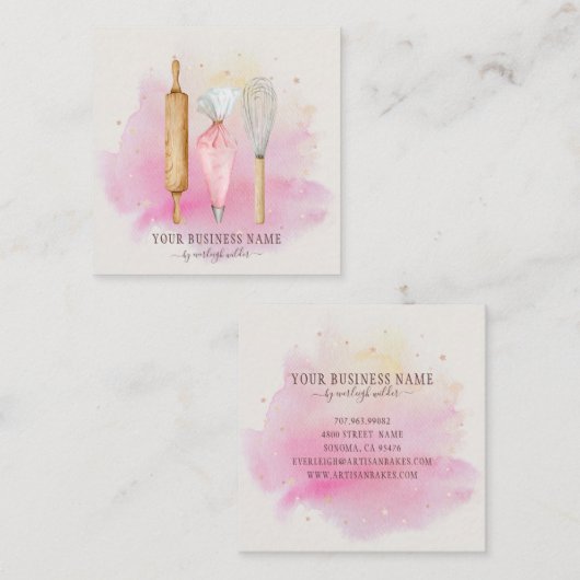 ベーカリーパティシシェフベイカーズピンク スクエア名刺 (正面/裏面)