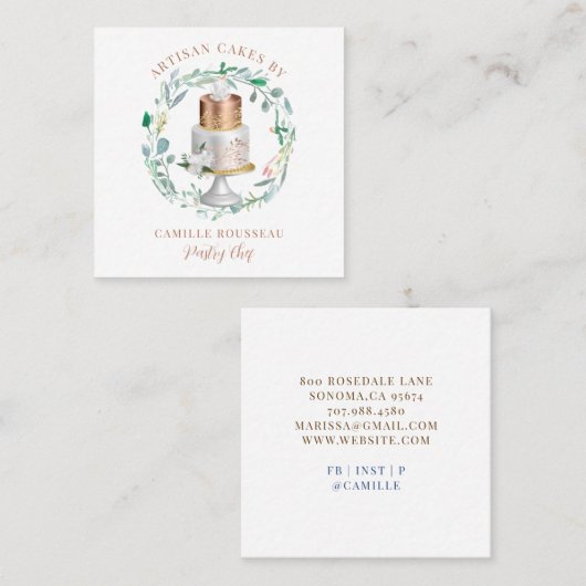 ベーカリーパティシシェフベイカーバラ金ゴールドケーキ スクエア名刺 (正面/裏面)