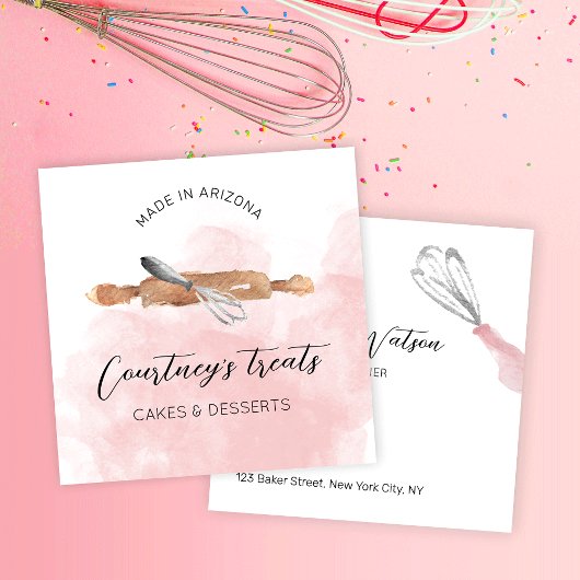 ベーカリーパティシシェフロゴピンク水彩ケータリング スクエア名刺