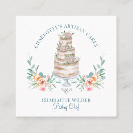 ベーカリーパティシシェフ水彩フローラケーキロゴ スクエア名刺