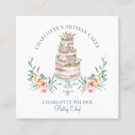 ベーカリーパティシシェフ水彩フローラケーキロゴ スクエア名刺 (正面)