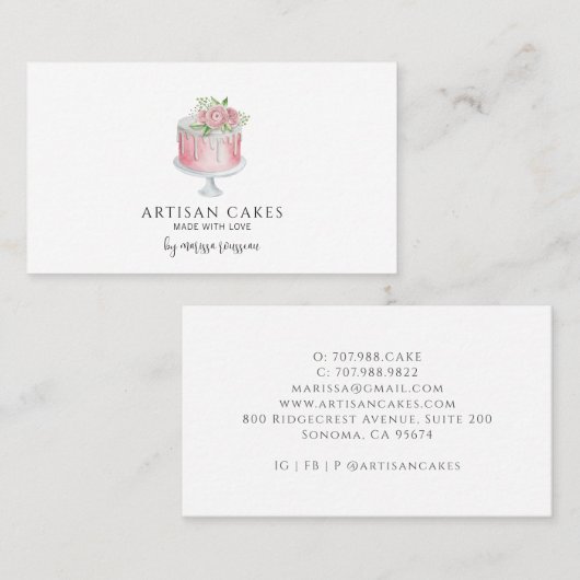 ベーカリーパティシシェフ水彩ベーキングピンクケーキバス 名刺 (正面/裏面)