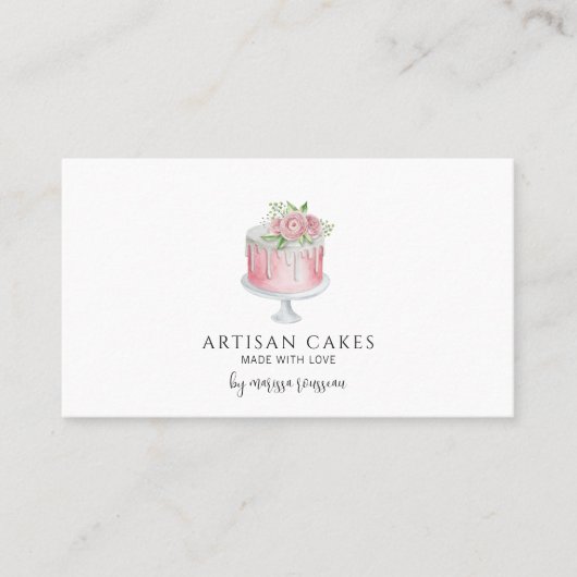ベーカリーパティシシェフ水彩ベーキングピンクケーキバス 名刺 (正面)
