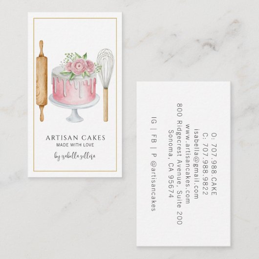 ベーカリーパティシシェフ水彩ベーキング器ケーキ 名刺 (正面/裏面)