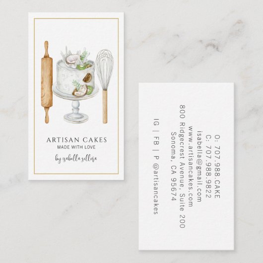 ベーカリーパティシシェフ水彩ベーキング器ケーキ 名刺 (正面/裏面)