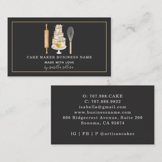 ベーカリーパティシシェフ水彩ベーキング器ブラック 名刺 (正面/裏面)