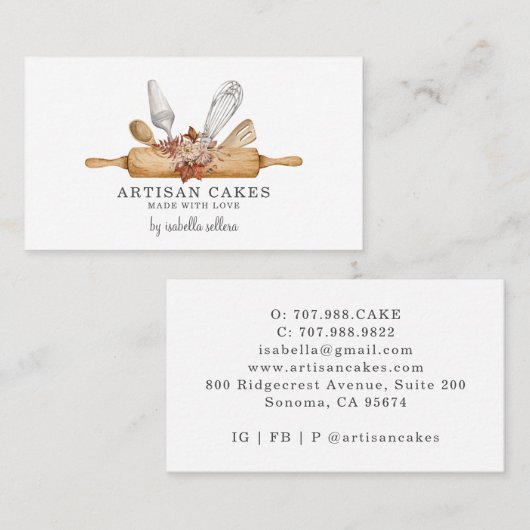 ベーカリーパティシシェフ水彩ベーキング器具 名刺 (正面/裏面)