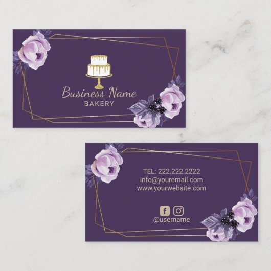 ベーカリーパティシシェフ金ゴールドスイートケーキパープルフローラ 名刺 (正面/裏面)