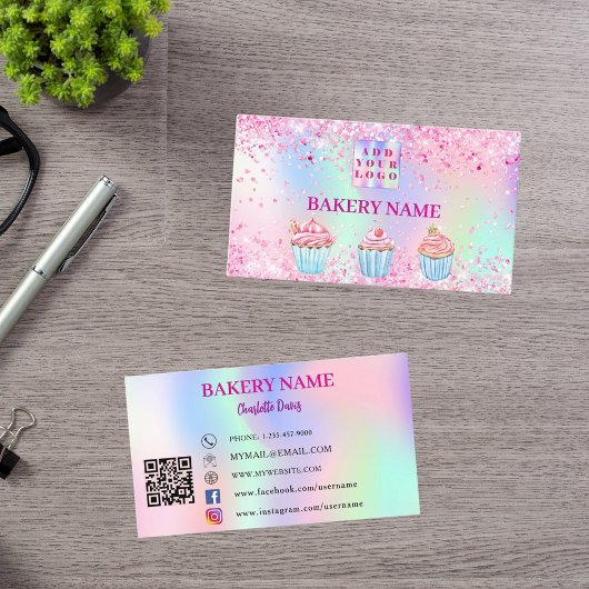 ベーカリーピンクパープルカップケーキ生地QRコードロゴ 名刺
