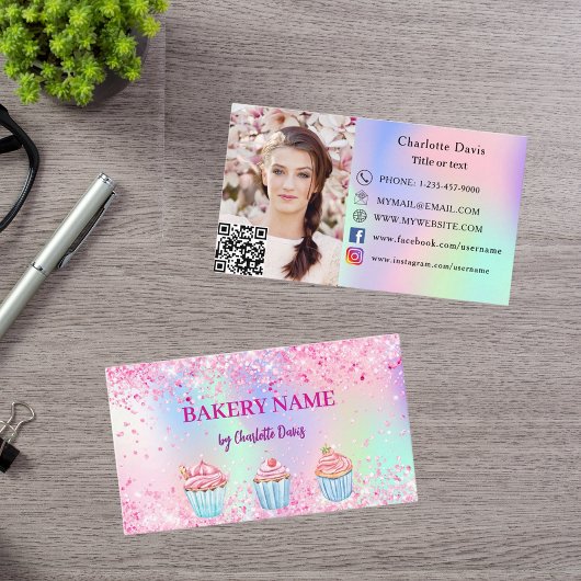 ベーカリーピンクパープル写真ソーシャルメディアQRコード 名刺