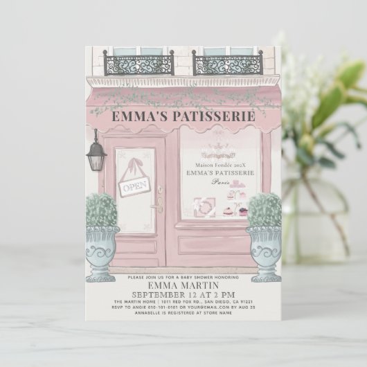 ベーカリーフランスのパティスリーパリピンクベビーシャワー 招待状 (スタンド正面)