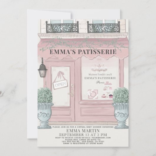 ベーカリーフランスのパティスリーピンク仮想ベビーシャワー 招待状 (正面)