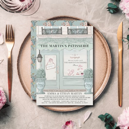 ベーカリーフランスのパティスリー緑の赤ちゃんシャワーbyメール 招待状