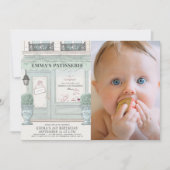 ベーカリーフランスのパティスリー緑1stバースデーフォト 招待状 (正面)