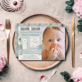 ベーカリーフランスのパティスリー緑1stバースデーフォト 招待状