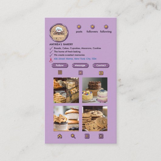 ベーカリープロフェッショナルモダンパープルインスタグラム 名刺 (正面)