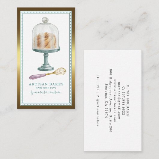 ベーカリーベイカーパティシシェフウォーターカラーゴールドフォイル 名刺 (正面/裏面)