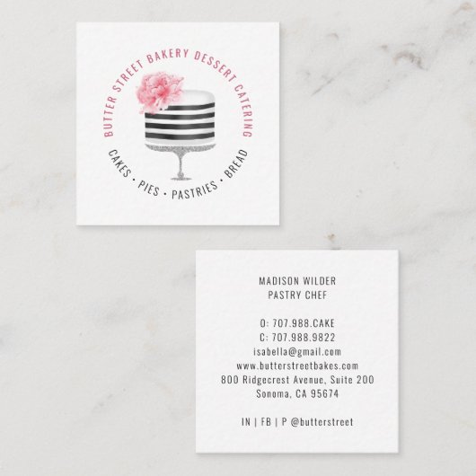 ベーカリーベイカーパティシシェフウォーターカラーフローラケーキSq スクエア名刺 (正面/裏面)
