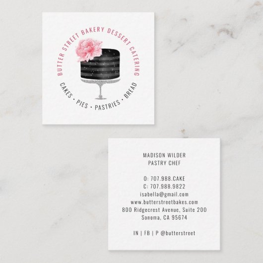 ベーカリーベイカーパティシシェフウォーターカラーフローラケーキSq スクエア名刺 (正面/裏面)