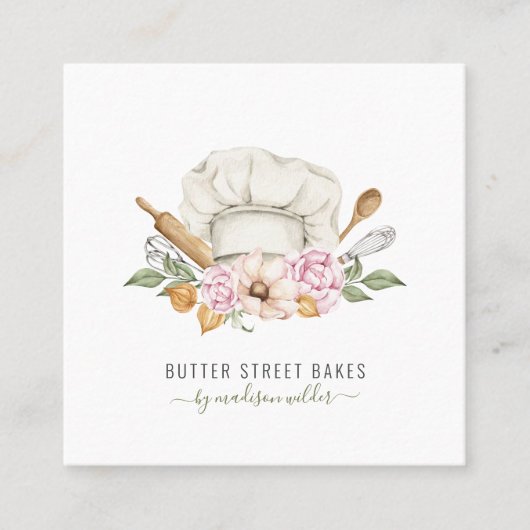 ベーカリーベイカーパティシシェフウォーターカラーベーキング器具 スクエア名刺 (正面)