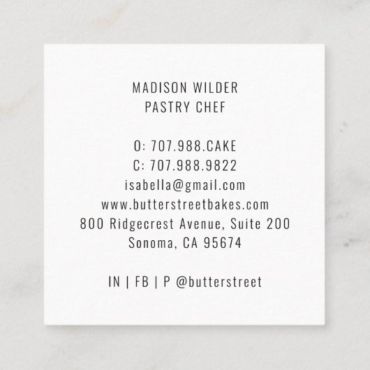 ベーカリーベーカー生地シェフウォーターカラーケーキ スクエア名刺 (裏面)
