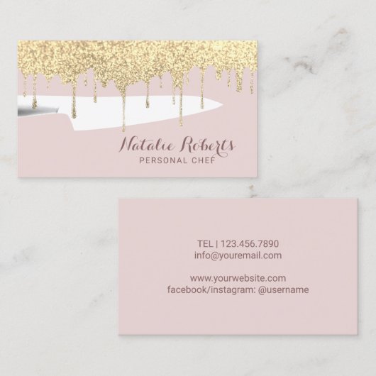 ベーカリーペストリーシェフナイフモダン金ゴールドグリッタードリップ 名刺 (正面/裏面)