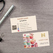 ベーカリーペストリーベージュクリームピンクQRコードロゴ 名刺