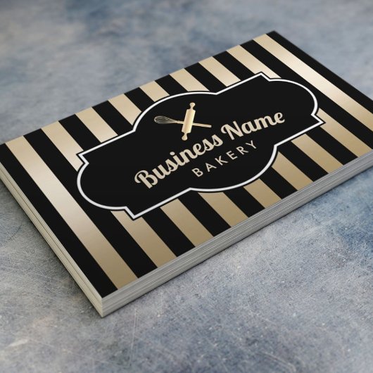 ベーカリーペストリーモダンシェフブラック&金ゴールドストライプ 名刺