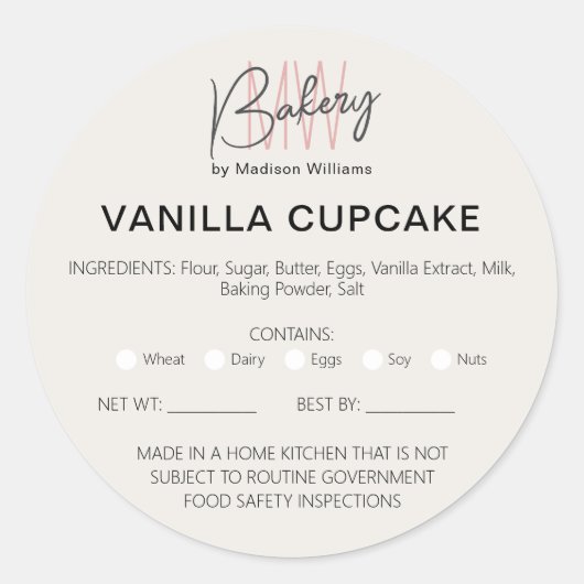 ベーカリーホームアレルギー法的ライセンスビジネスステッカー ラウンドシール (正面)