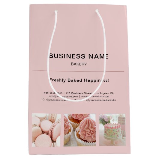 ベーカリーミニマルピンクカスタム写真事業 ミディアムペーパーバッグ (正面)