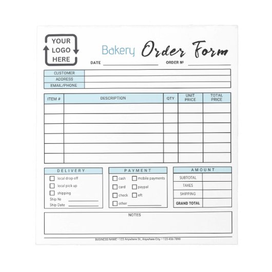 ベーカリーモダンカフェブルーオーダー型枠メモ帳 ノートパッド (正面)