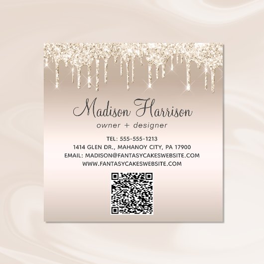 ベーカリー結婚のケーキ金ゴールドグリッターQRコード スクエア名刺