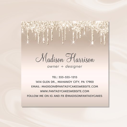 ベーカリー結婚ズケーキ金ゴールドグリッタードリップ スクエア名刺