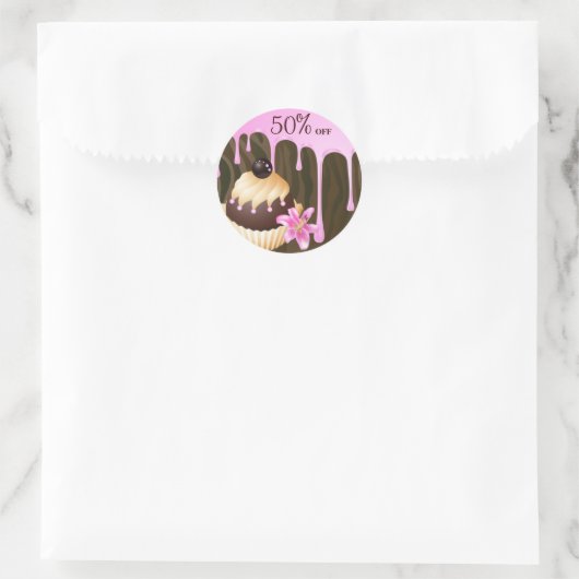 ベーカリー販売ステッカーカップケーキチョコレートピンク ラウンドシール (バッグ)