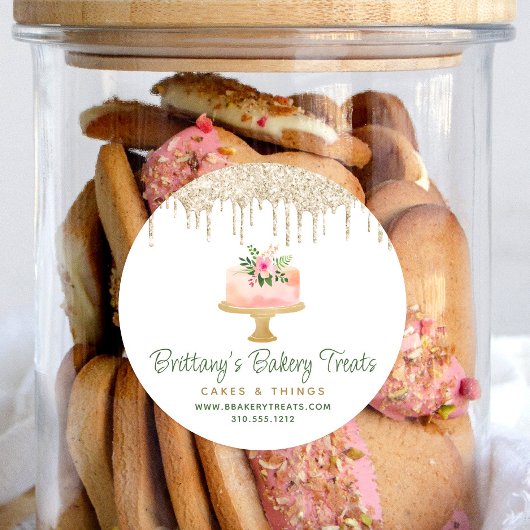 ベーカリー赤面ピンクケーキ金ゴールドグリッタードリップデザート ラウンドシール