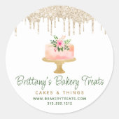 ベーカリー赤面ピンクケーキ金ゴールドグリッタードリップデザート ラウンドシール (正面)