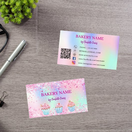 ベーカリー赤面ピンクパープルカップケーキ生地QRコード 名刺