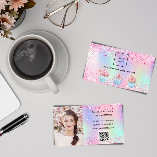 ベーカリー赤面ピンクパープルフォトQRコードロゴ 名刺