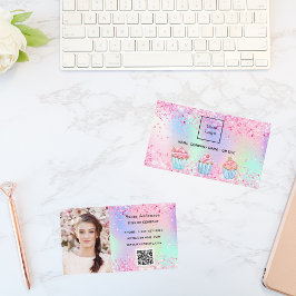 ベーカリー赤面ピンクパープルフォトQRコードロゴ 名刺