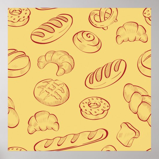 ベーカリー、クロワッサン、食品ヴィンテージのシームレスなパターン ポスター (正面)