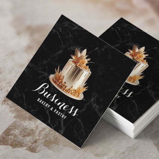ベーカリー&パティシシェフモダン金ゴールドアイシングケーキ大理石 スクエア名刺