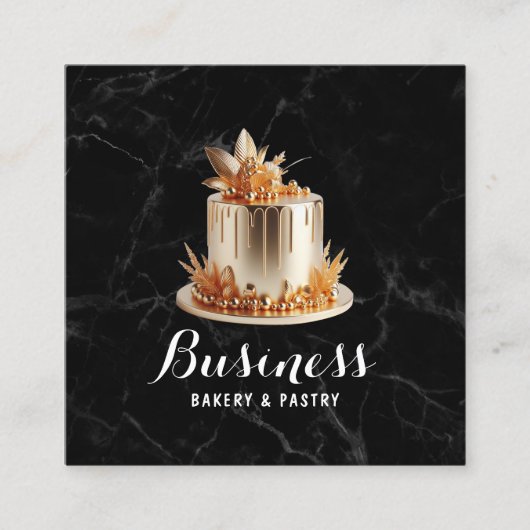 ベーカリー&パティシシェフモダン金ゴールドアイシングケーキ大理石 スクエア名刺 (正面)