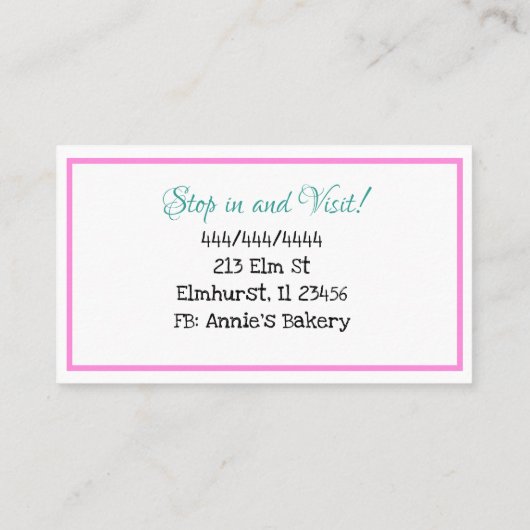 ベーカリー | 誕生日ケーキ | ティール（緑がかった色）とピンク 名刺 (裏面)