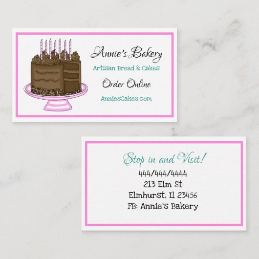 ベーカリー | 誕生日ケーキ | ティール（緑がかった色）とピンク 名刺 (正面/裏面)