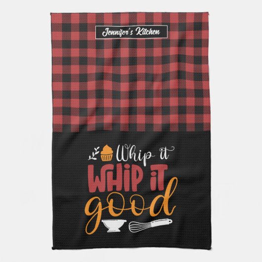 ベーカーおもしろいープンホイップ良い赤い格子模様 キッチンタオル (縦)