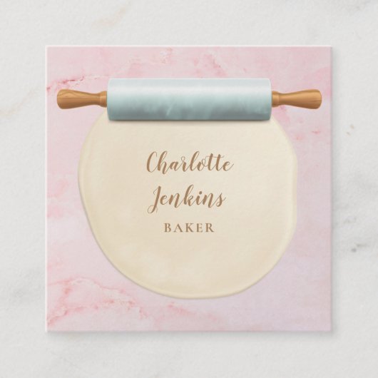 ベーカーパティシエ ピンク大理石 ローリングピン スクエア名刺 (正面)