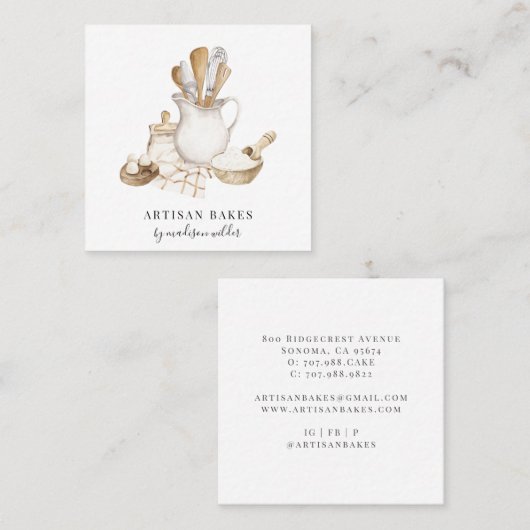 ベーカーベーカリーパティシシェフウォーターカラー スクエア名刺 (正面/裏面)