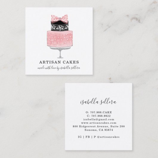 ベーカーベーカリーパティシシェフピンクブラックケーキ スクエア名刺 (正面/裏面)