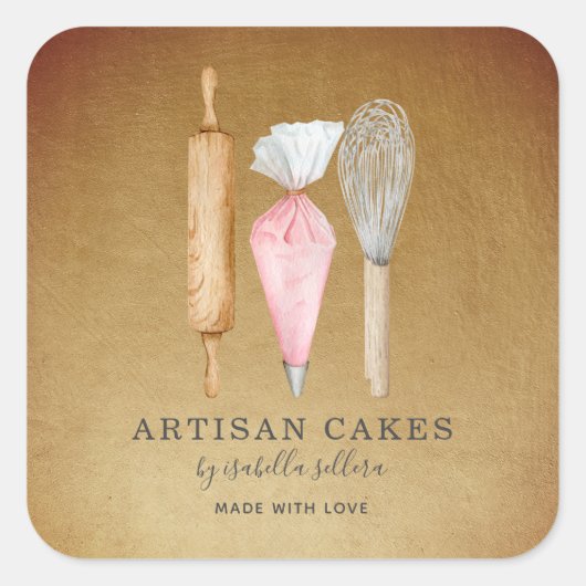 ベーカーベーカリーパティシシェフ金ゴールド製品ラベル スクエアシール (正面)